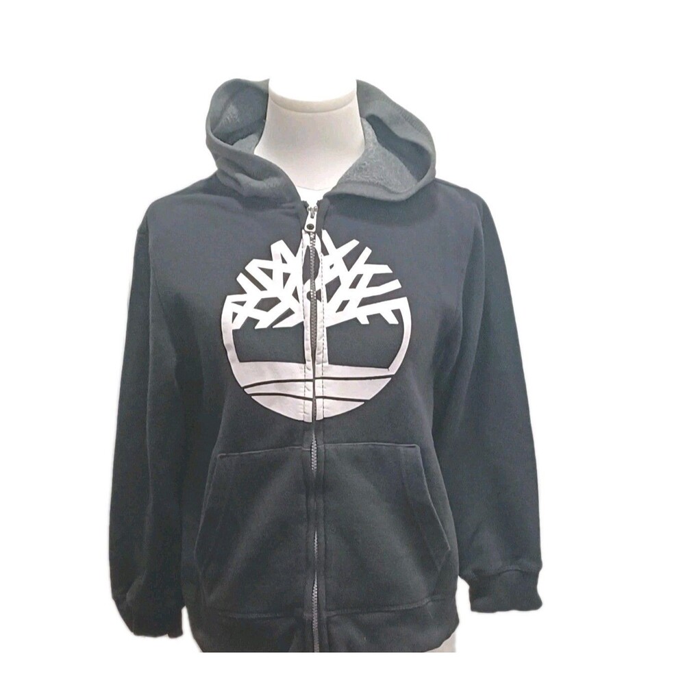 Timberland Boys Logo Zip-up Hooded Fleece Jacket Size Medium Black